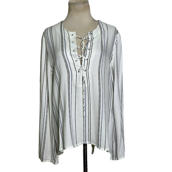 WAYF Cream with Brown Blue Stripes Long Sleeves Lace Up Tunic size Small - Picture 1 of 9